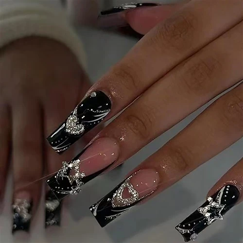 Lub Plawv Daim Ntawv Sau Ntev hleb Acrylic Fake Nails